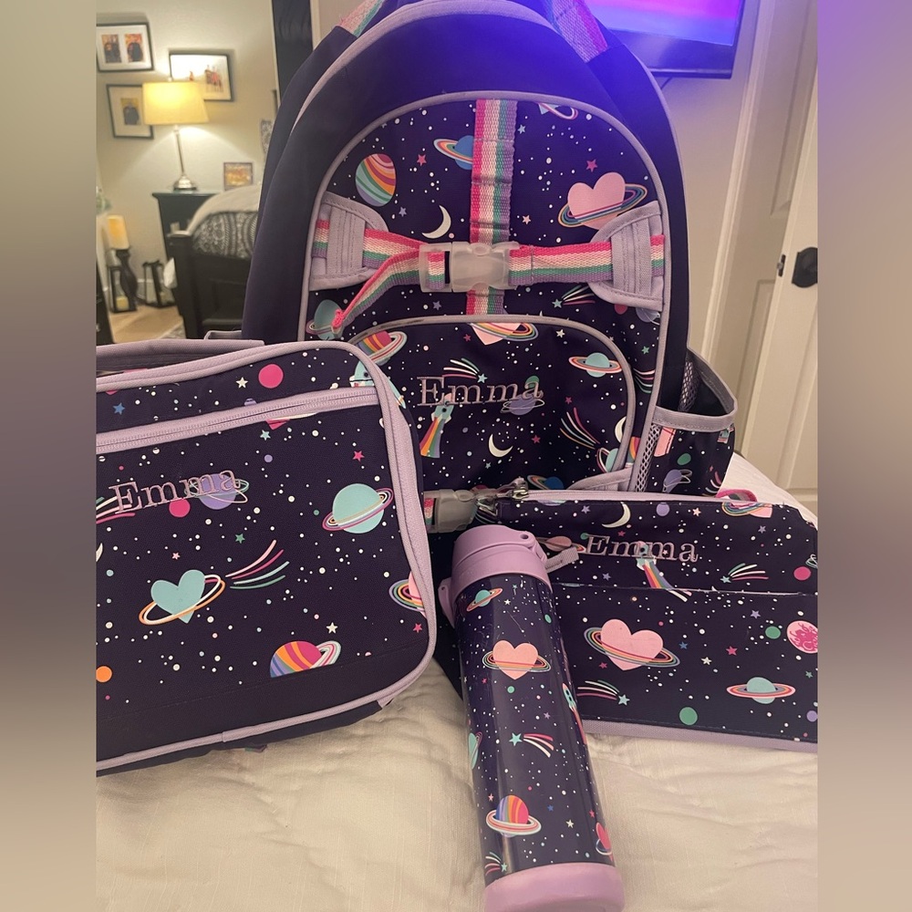 Pottery Barn Kids Rainbow Heart Galaxy backpack set w/ “Emma” embroidery